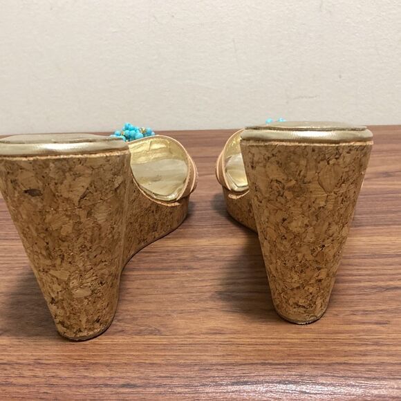 De Martino Capri Cork Wedge Leather Sandal. Strap with Turquoise & Gold Beads. - Picture 4 of 7